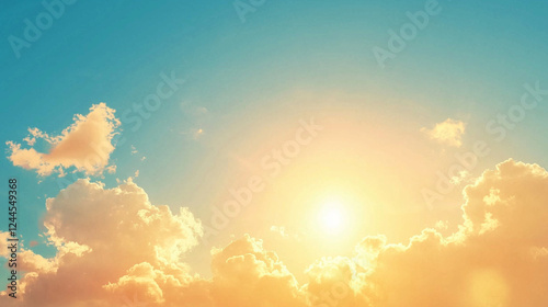 A vibrant image depicts a sunny sky with fluffy clouds illuminated by the golden hour sun.