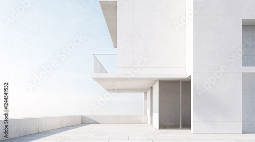 A minimalist architectural structure with a white balcony and clean lines bathed in soft natural light against a pale blue sky
 photo