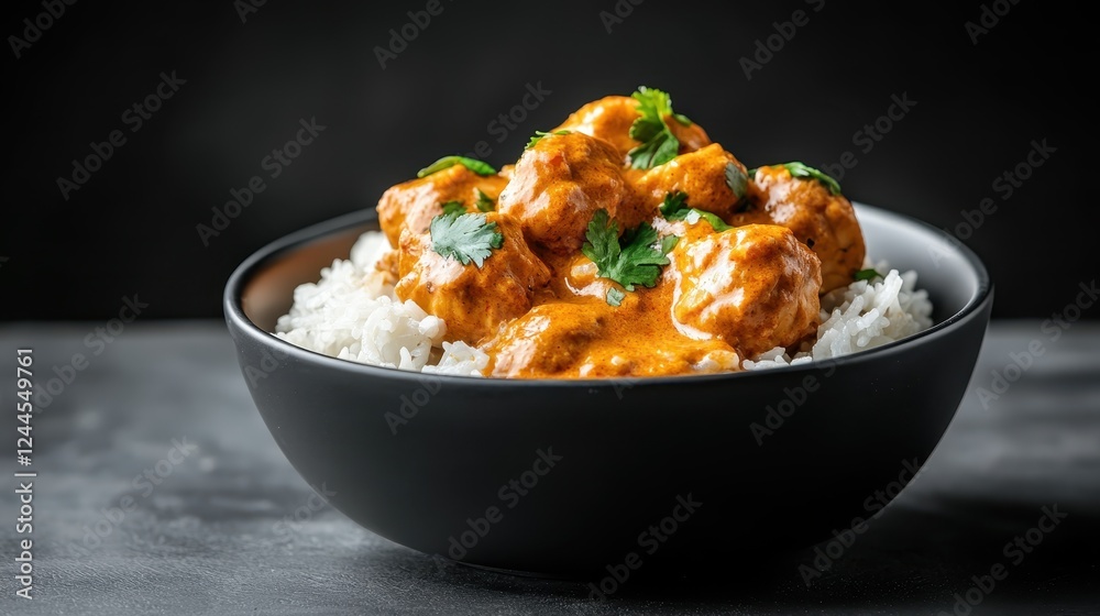 A mouthwatering curry dish served over fluffy white rice, garnished with fresh herbs, perfect for food enthusiasts seeking a burst of flavor and visual appeal. A mouthwatering curry dish served over fluffy white rice, garnished with fresh herbs, perfect for food enthusiasts seeking a burst of flavor and visual appeal.