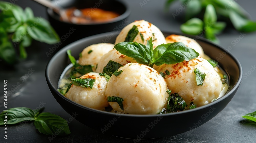 This mouthwatering bowl features soft dumplings infused with fresh basil, served in a rich broth, perfect for culinary enthusiasts and comfort food lovers alike. This mouthwatering bowl features soft dumplings infused with fresh basil, served in a rich broth, perfect for culinary enthusiasts and comfort food lovers alike.