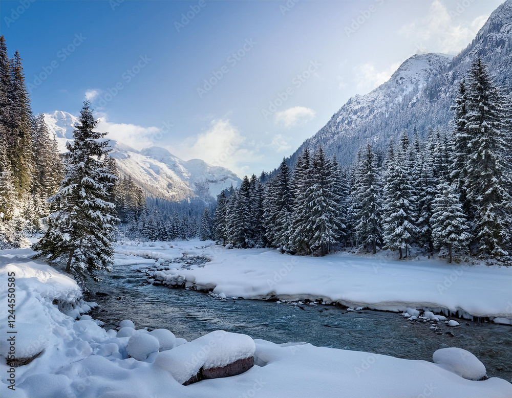 Fototapeta premium a snowy landscape featuring mountains a river and pine trees creating a serene winter scene