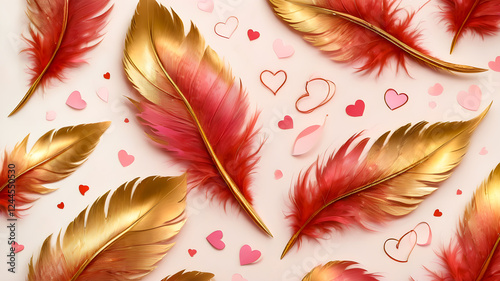 
Valentine's Day. pink and gold bird feathers. background of feathers on a pink background.