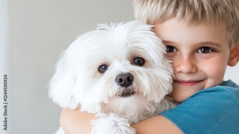 Boy hugging fluffy white dog indoors Boy hugging fluffy white dog indoors