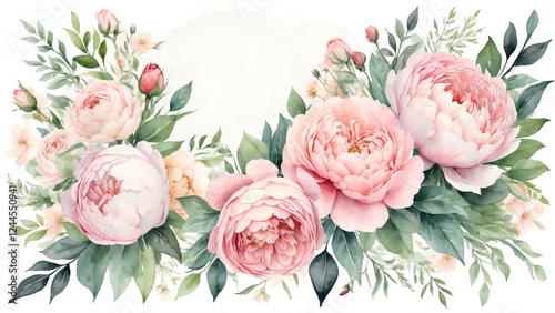 Watercolor floral arrangement with peonies and greenery