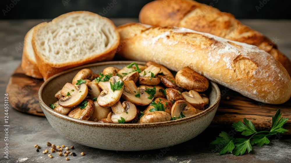 A mouthwatering bowl of sautéed mushrooms, enriched with fresh parsley, served alongside delicious crusty bread, creating an appealing and satisfying culinary experience. A mouthwatering bowl of sautéed mushrooms, enriched with fresh parsley, served alongside delicious crusty bread, creating an appealing and satisfying culinary experience.