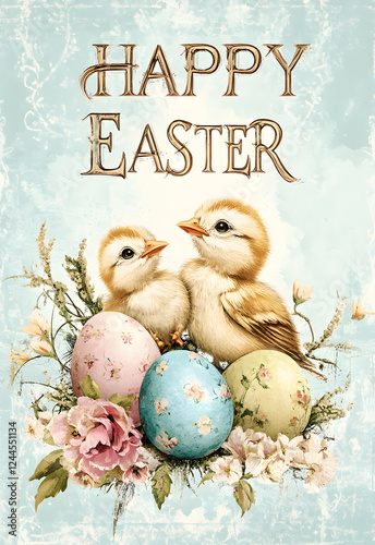 vintage easter illustration with baby chicks and floral decorated eggs on textured background
