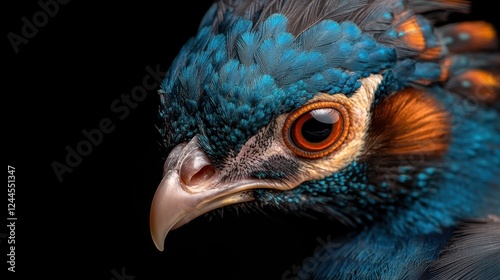 A richly colored close-up of a bird's profile, showcasing intricate feathers and vibrant hues, capturing the beauty of nature and the essence of wildlife. photo