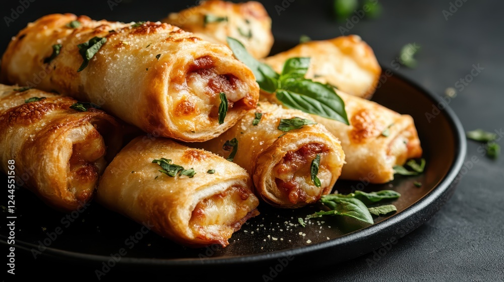 A delicious stack of decadent rolls filled with melted cheese and garnished, showcasing the inviting flavors of comfort food at its best. A delicious stack of decadent rolls filled with melted cheese and garnished, showcasing the inviting flavors of comfort food at its best.