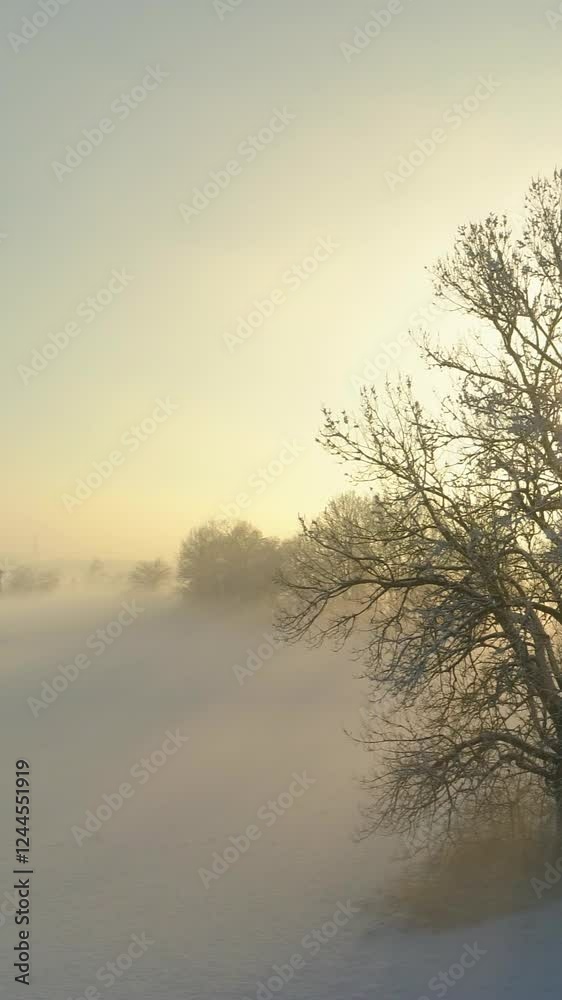 AERIAL Flying around bare frozen tree on magical misty morning in winter. Stunning foggy landscape with snowy fields and icy trees at golden sunrise. Sunbeams peaking trough trees covered in hoarfrost AERIAL Flying around bare frozen tree on magical misty morning in winter. Stunning foggy landscape with snowy fields and icy trees at golden sunrise. Sunbeams peaking trough trees covered in hoarfrost