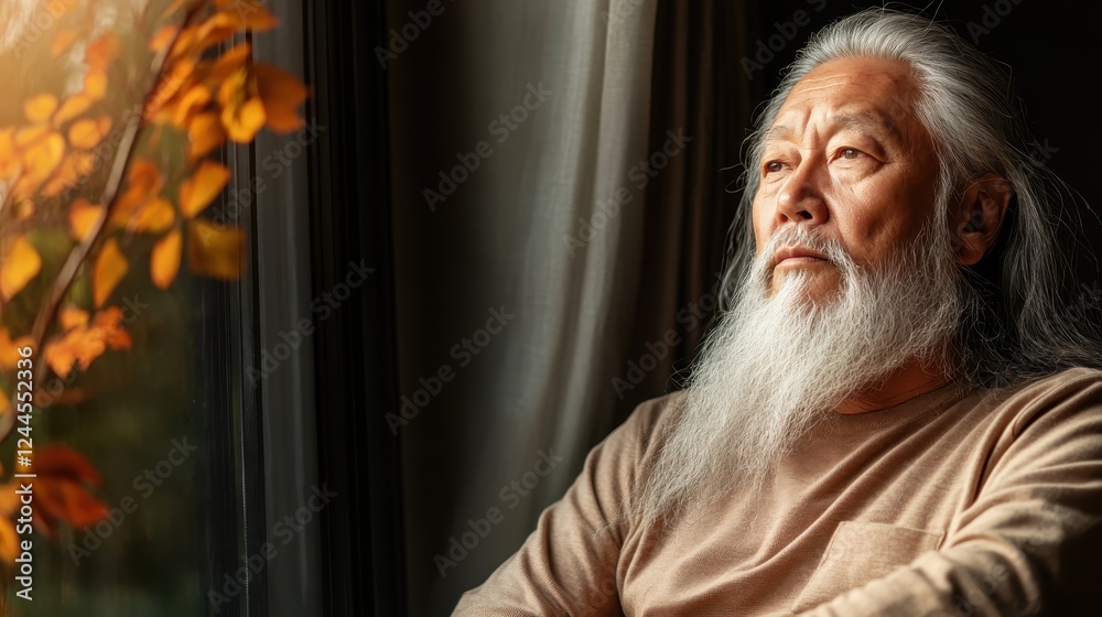 An elderly man with a long white beard gazes thoughtfully out the window, reflecting on life experiences while surrounded by the beauty of autumn foliage and warm lighting. An elderly man with a long white beard gazes thoughtfully out the window, reflecting on life experiences while surrounded by the beauty of autumn foliage and warm lighting.