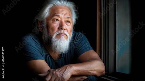 An older gentleman gazes out the window with intensity, his beard flowing as he reflects on past memories, showcasing a moment of serenity and deep contemplation in elegant simplicity. photo