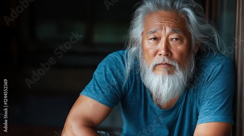 An elderly man with striking features looks pensively into the distance, showcasing a sense of wisdom and depth through his expressive eyes and weathered skin against a warm backdrop. photo