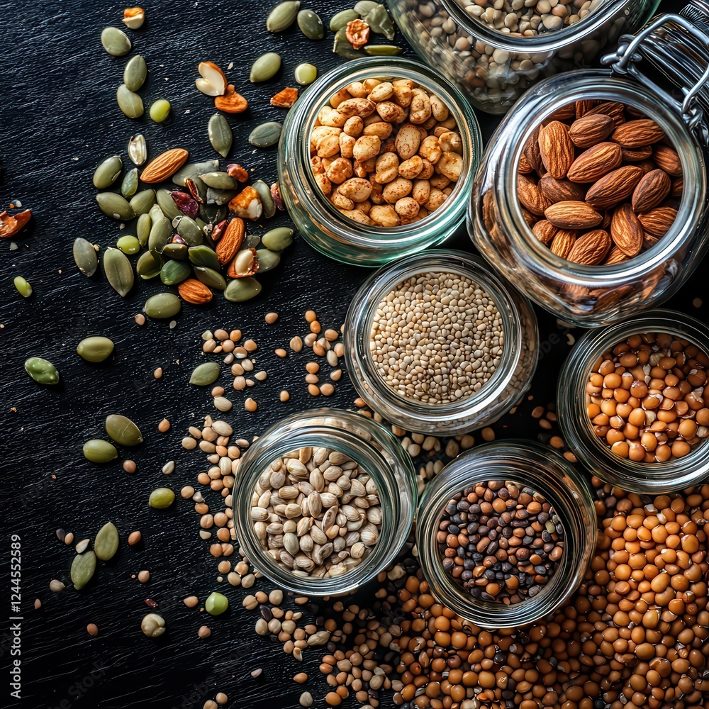 Fototapeta premium Artful arrangement of assorted nuts and seeds in glass jars on a dark table. Generative AI