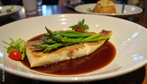 Wallpaper Mural Artistic sea bass plating with asparagus and black garlic sauce, culinary elegance Torontodigital.ca