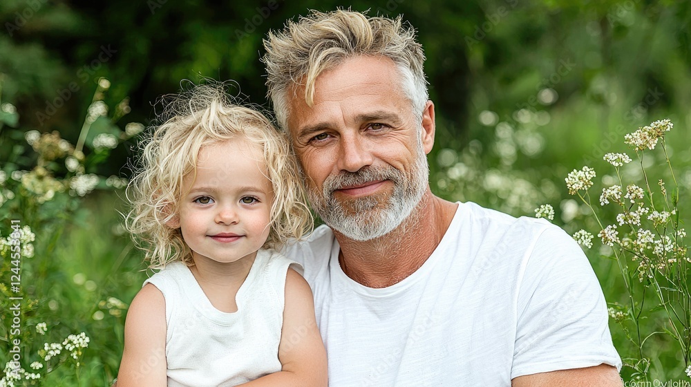 Father and daughter smiling outdoors, nature background, family portrait, website use Father and daughter smiling outdoors, nature background, family portrait, website use