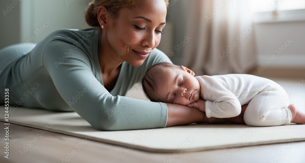 Loving mother gently rests with her infant child in a peaceful indoor setting during the afternoon hours Loving mother gently rests with her infant child in a peaceful indoor setting during the afternoon hours