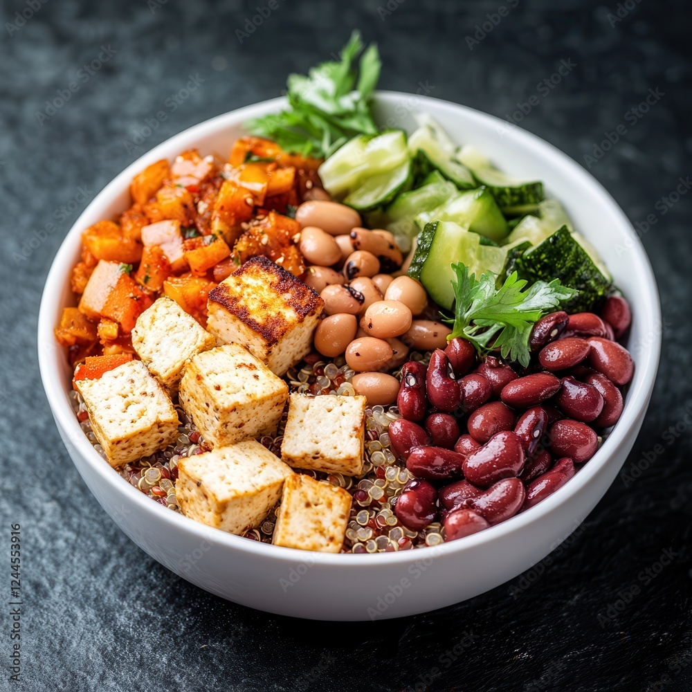 Savor delicious vegan protein-packed bowl with quinoa, tofu, beans, and fresh veggies on a stone countertop setting. Generative AI Savor delicious vegan protein-packed bowl with quinoa, tofu, beans, and fresh veggies on a stone countertop setting. Generative AI