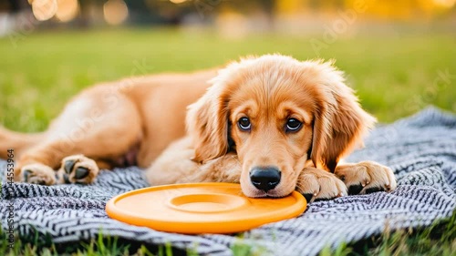 A cute puppy lies on a blanket in the park with a frisbee in its mouth. Outdoor play photo