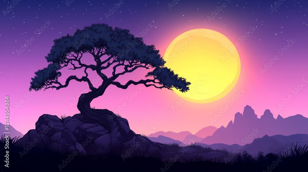 Fototapeta premium Silhouette of a tree on a rocky outcrop against a vibrant sunset and large moon. Serene and peaceful landscape.
