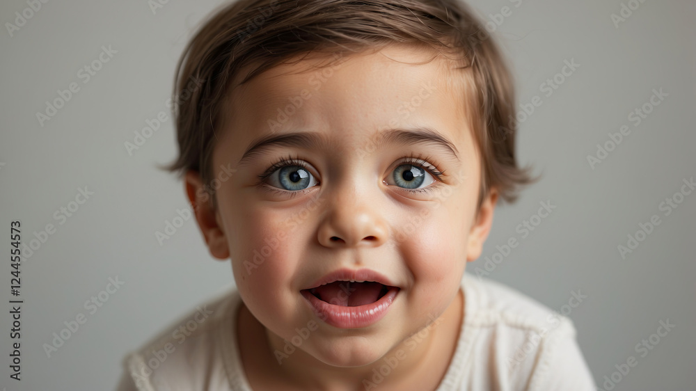 Joyful child with striking blue eyes smiles brightly in a neutral setting during daytime Joyful child with striking blue eyes smiles brightly in a neutral setting during daytime