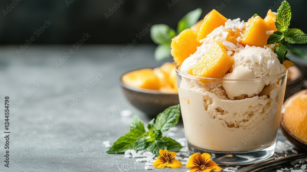 A beautifully styled glass of mango ice cream topped with fresh mango chunks and garnished with mint and edible flowers, creating an enticing visual that tempts the taste buds. A beautifully styled glass of mango ice cream topped with fresh mango chunks and garnished with mint and edible flowers, creating an enticing visual that tempts the taste buds.