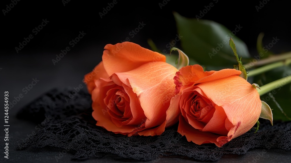 Fototapeta premium This image showcases two stunning orange roses elegantly arranged on a delicate black lace backdrop, evoking romance and beauty in every petal.