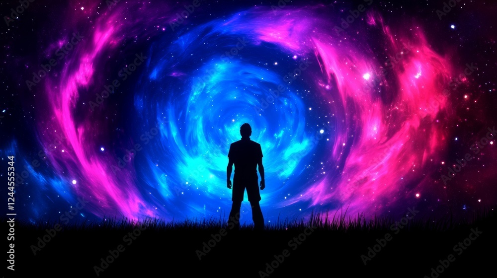 Fototapeta premium Silhouette of a man standing before a vibrant cosmic swirl of pink and blue nebulae under a starry night sky.