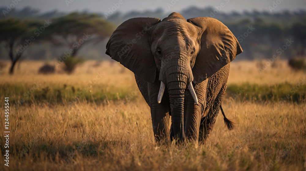 Fototapeta premium Majestic Elephant in African Savannah at Sunset