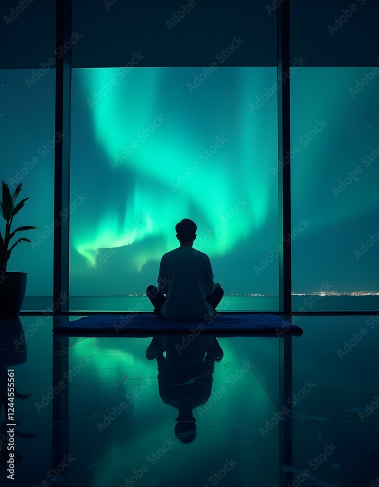Fototapeta premium Person Meditating with Aurora Borealis View