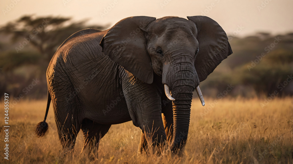 Naklejka premium Majestic Elephant in African Savannah at Sunset