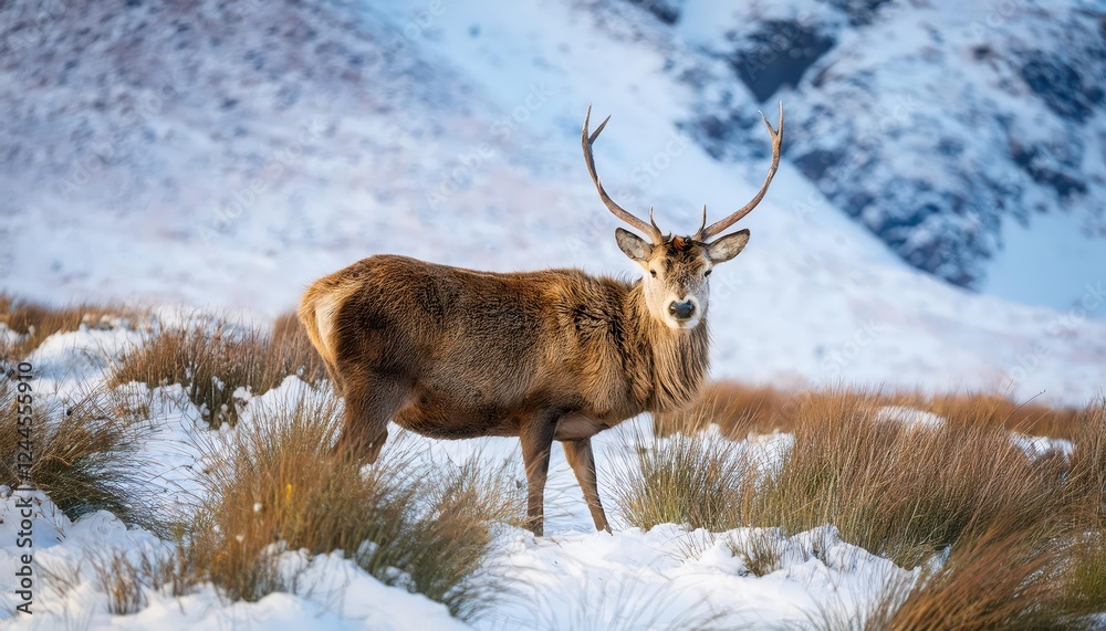 Enchanting Winter Wonderland Majestic Deer Frolics in a SnowCovered Scottish Meadow amidst the Picturesque Highlands at Sunrise Enchanting Winter Wonderland Majestic Deer Frolics in a SnowCovered Scottish Meadow amidst the Picturesque Highlands at Sunrise