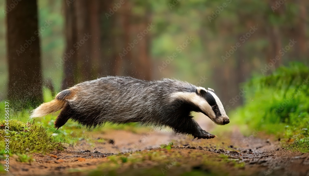 Obraz premium Stunning European Wildlife Scene Badger Soaring through Forest in Germany at Dusk