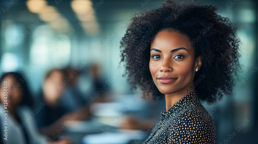 A portrait of a businesswoman with dark, curly hair in an elegant outfit, standing confidently in a team-oriented office environment