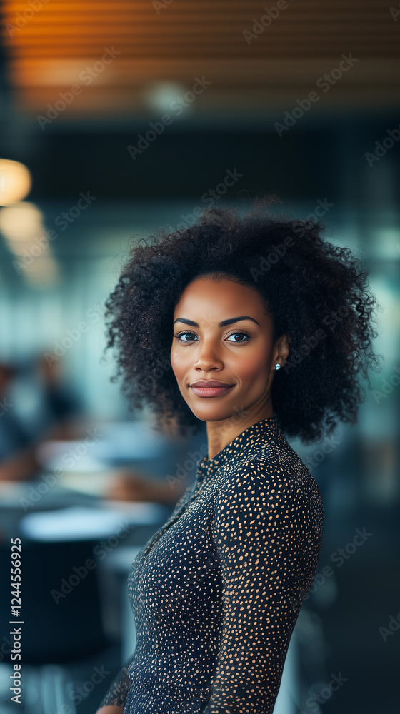 A portrait of a businesswoman with dark, curly hair in an elegant outfit, standing confidently in a team-oriented office environment