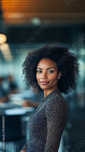 Obraz na płótnie A portrait of a businesswoman with dark, curly hair in an elegant outfit, standing confidently in a team-oriented office environment w salonie