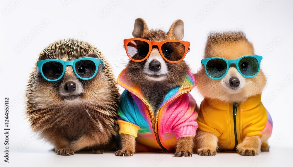 Fototapeta premium Whimsical Quartet of Miniature Creatures Dressed in Colorful Attire and Sunglasses, Showcasing a Vibrant Generative AI Scene, Embracing a Playful Mood with Hints of Future Trends.