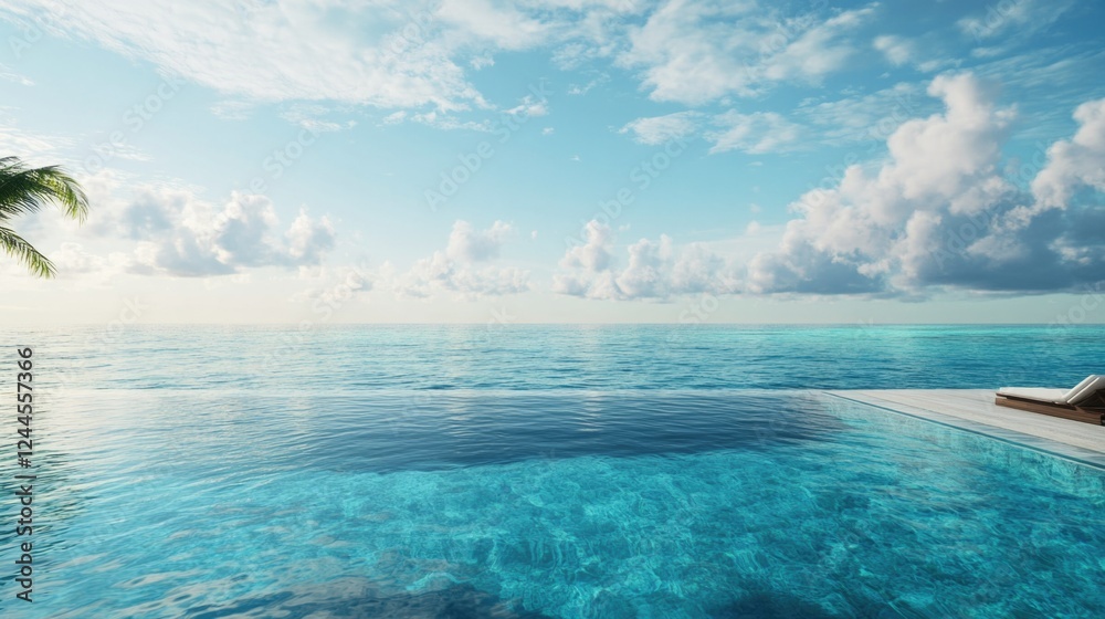 Obraz premium An idyllic tropical scene with a person lounging on a floating dock or pool deck, surrounded by clear blue waters, palm trees, and a view of the horizon. The focus is on relaxation and leisure in a