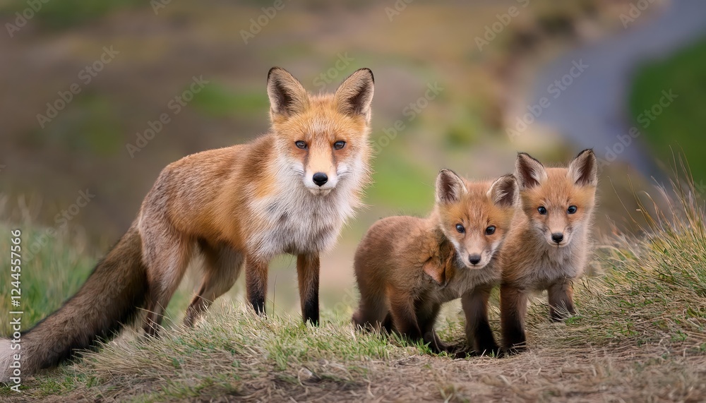 Enchanting Twilight Gathering of a ReddishFurred Fox Clan Amidst the Mossy Forest, as Golden Rays Pierce Through the Emerald Canopy and Dapple the Velvety Ground. Enchanting Twilight Gathering of a ReddishFurred Fox Clan Amidst the Mossy Forest, as Golden Rays Pierce Through the Emerald Canopy and Dapple the Velvety Ground.