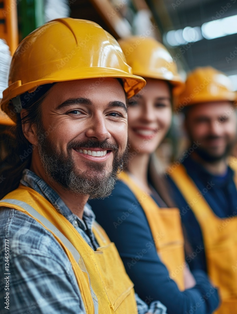 A group of friendly construction workers posing for a promotional photo with bright smiles and yellow hard hats, standing in front of building materials and supplies. A group of friendly construction workers posing for a promotional photo with bright smiles and yellow hard hats, standing in front of building materials and supplies.