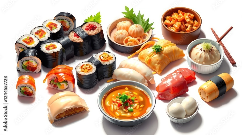 assortment of Japanese dishes, including sushi, ramen, and side bowls, served on a white background assortment of Japanese dishes, including sushi, ramen, and side bowls, served on a white background