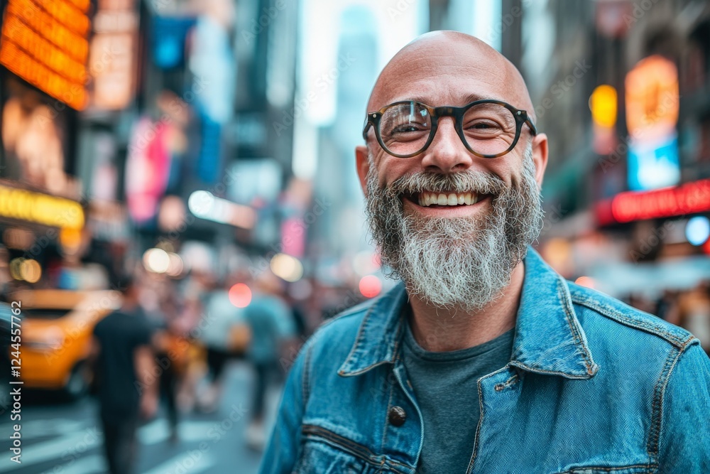 Smiling man in a denim jacket enjoys a vibrant day in Times Square with bustling crowds and bright lights all around