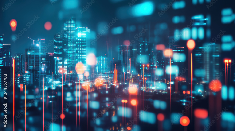 Fototapeta premium Stock Market Chart with a Blurred City Background at Night, Illuminated by Financial Data and Urban Lights
