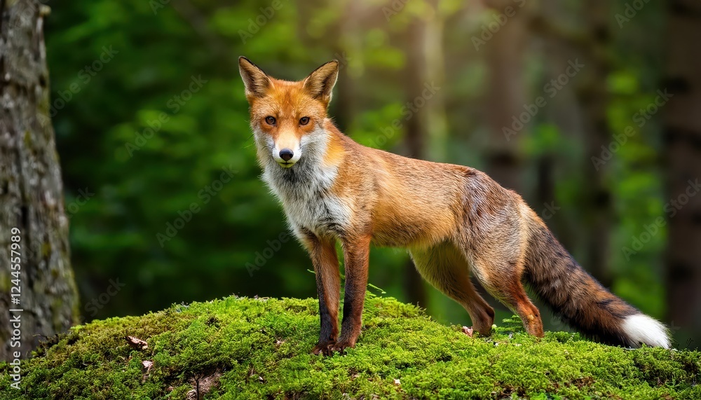 Enchanting Red Fox in a Lush Green Forest A Vibrant Vulpes vulpes Playfully Perched on Mossy Stone Amidst the Majesty of Natures Palette Enchanting Red Fox in a Lush Green Forest A Vibrant Vulpes vulpes Playfully Perched on Mossy Stone Amidst the Majesty of Natures Palette