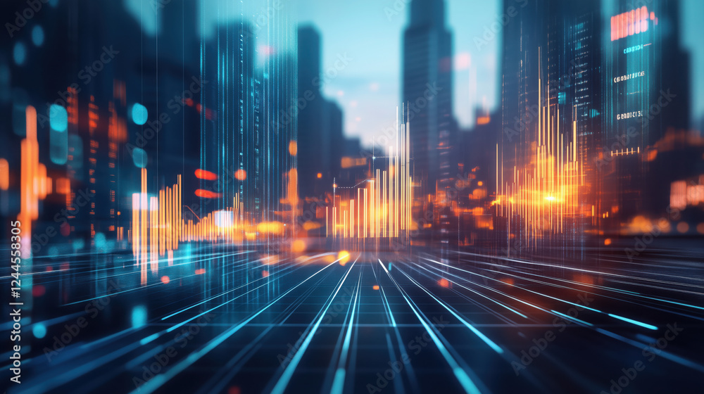 Stock Market Chart with a Blurred City Background at Night, Illuminated by Financial Data and Urban Lights Stock Market Chart with a Blurred City Background at Night, Illuminated by Financial Data and Urban Lights