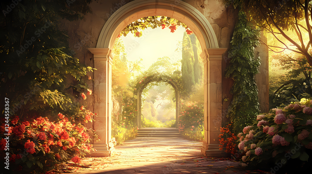 A grand archway leads to a mysterious garden, bathed in warm sunlight, promising a hidden world beyond. Hidden Worlds. Illustration A grand archway leads to a mysterious garden, bathed in warm sunlight, promising a hidden world beyond. Hidden Worlds. Illustration