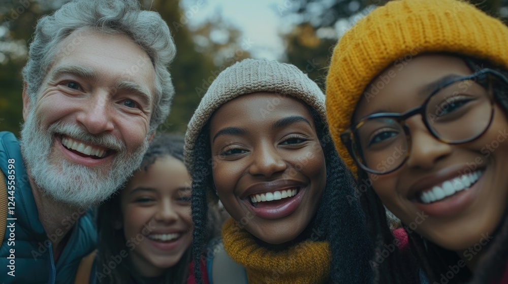 A joyful group of individuals, possibly a family or friends, smiling and posing for a photo together outdoors on a sunny day. A joyful group of individuals, possibly a family or friends, smiling and posing for a photo together outdoors on a sunny day.
