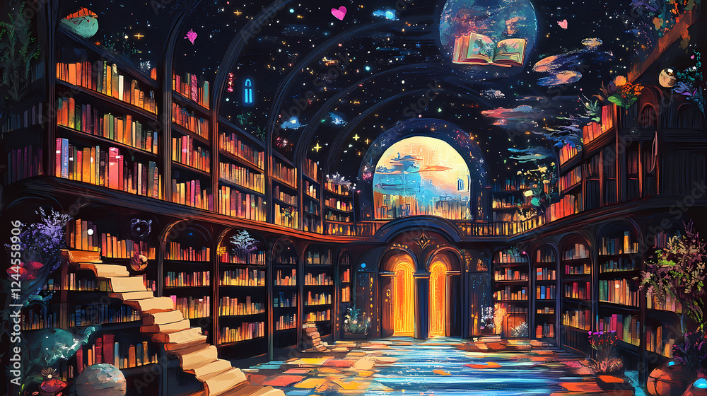 Obraz premium A mystical library filled with magical books that transport readers to different worlds. Hidden Worlds. Illustration