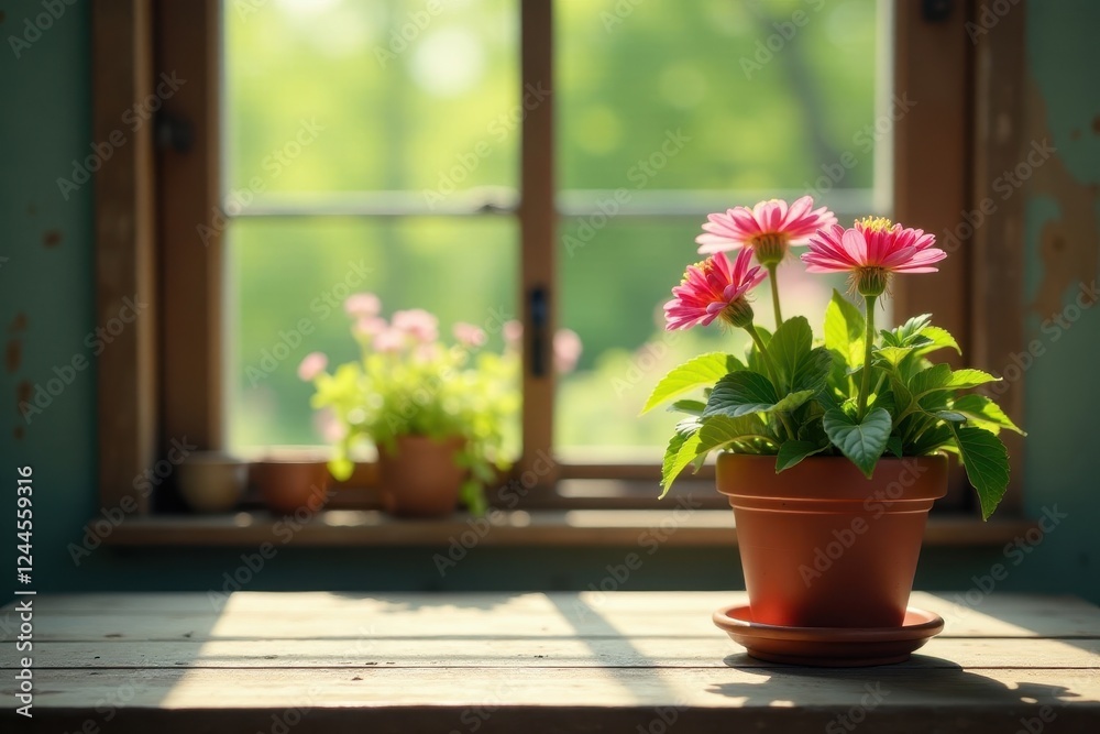 Rustic wooden table, blurred summer window, vibrant flower pot , product, summer Rustic wooden table, blurred summer window, vibrant flower pot , product, summer