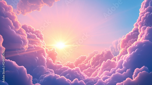 A breathtaking view of a sunrise peeking through fluffy, pastelpink clouds. photo