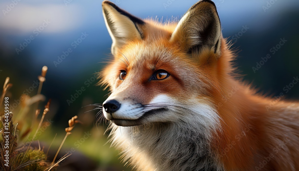 Fototapeta premium Vigilant Red Fox Stands Majestically amidst Snowy Winter Woods, with Whites and Grays Blending Seamlessly into Frosty Backdrop, Capturing the Peaceful Serenity of a Tranquil Winter Scene.